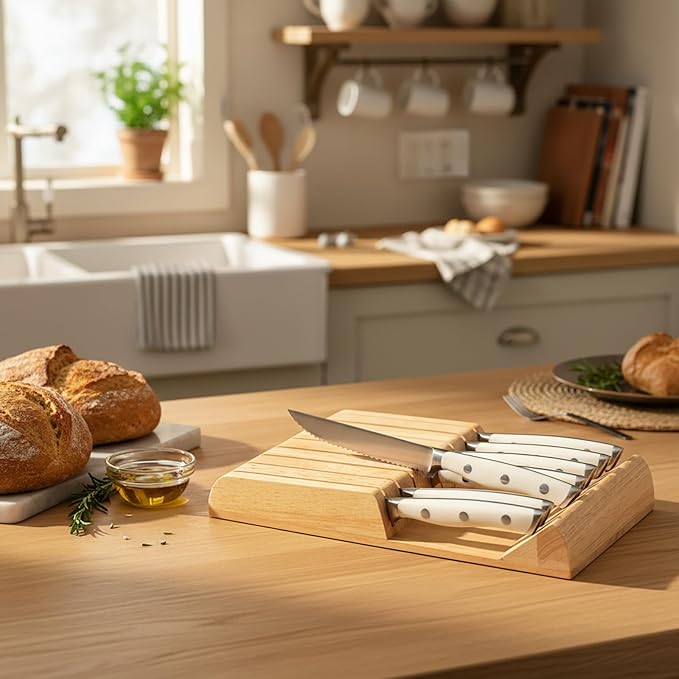 Alata 8-Piece White Steak Knives Set with Block, Stainless Steel Steak Knife set with Serrated Edge, Razor-Sharp, Full-Tang Construction, Dishwasher Safe