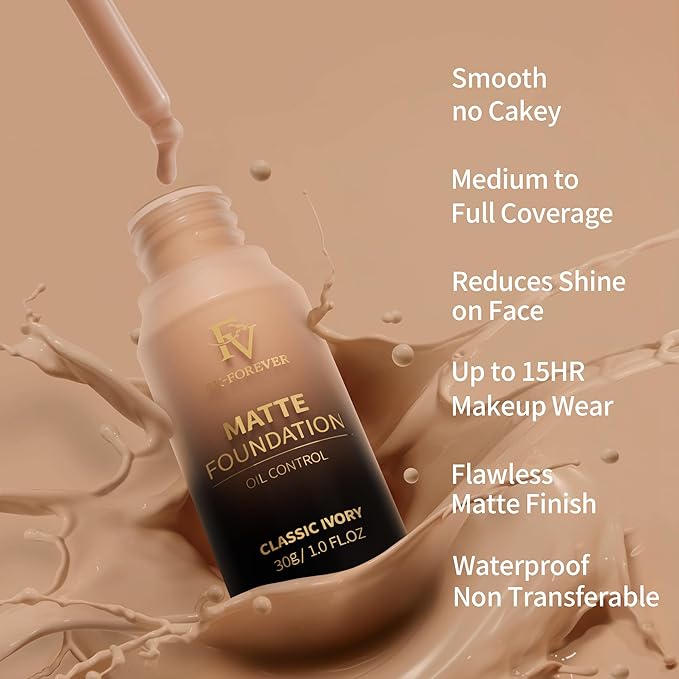 FV Full Coverage Liquid Foundation Makeup, Long Lasting Matte Foundation with Flawless Finish, Concealing & Minimizing Pores, Oil Control Waterproof for Oily Combination Skin, 1 Fl. Oz(Classic Ivory)-BrightBean Baby