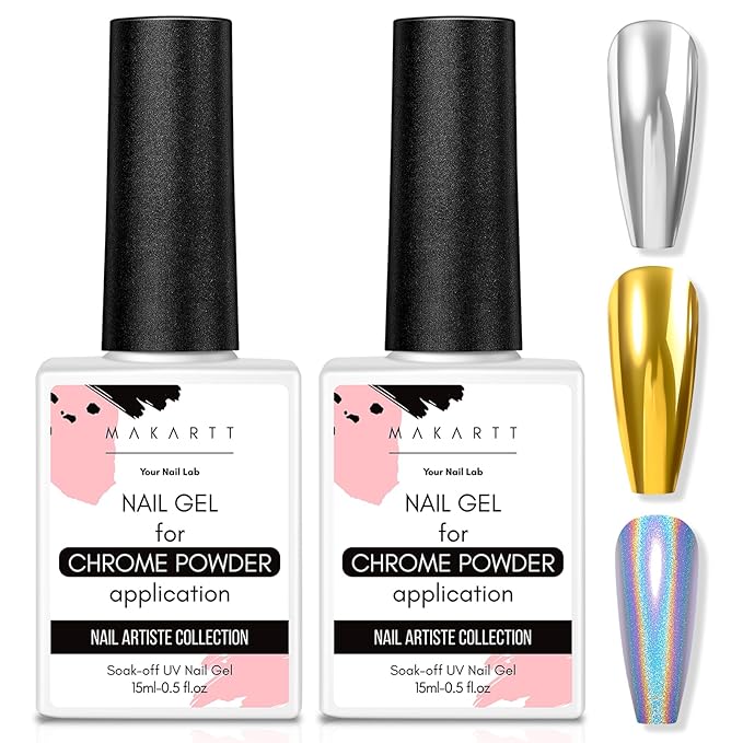 Makartt Gel Top Coat for Chrome Nail Powder - 2 Pcs 15ml Clear No Wipe High Gloss Top Coat Gel Nail Polish Mirror Shine Long Lasting Easy Application, Soak off UV Lamp, DIY Home Salon Art Design-BrightBean Baby