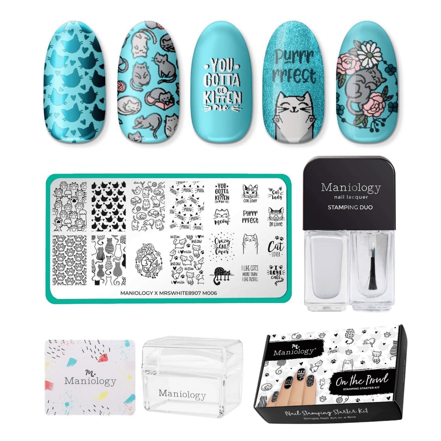 Maniology On the Prowl Nail Stamping Starter Kit | Cat-Themed Nail Art, Playful Kittens, Paw Prints & Whisker Designs DIY Manicures – Includes Stamping Plate, Polish, Top Coat, Stamper & Scraper Card-BrightBean Baby