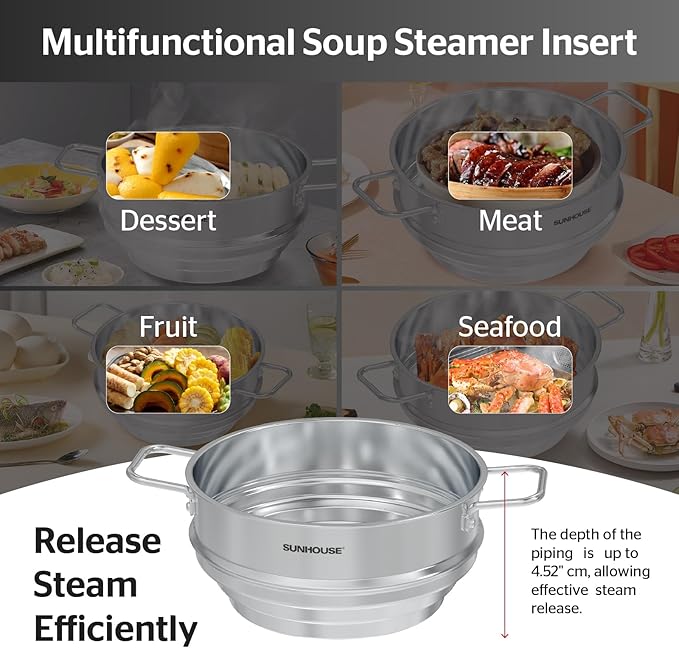SUNHOUSE 5 Quart Stainless Steel Steamer Insert - Universal Fit Vegetable Steamer