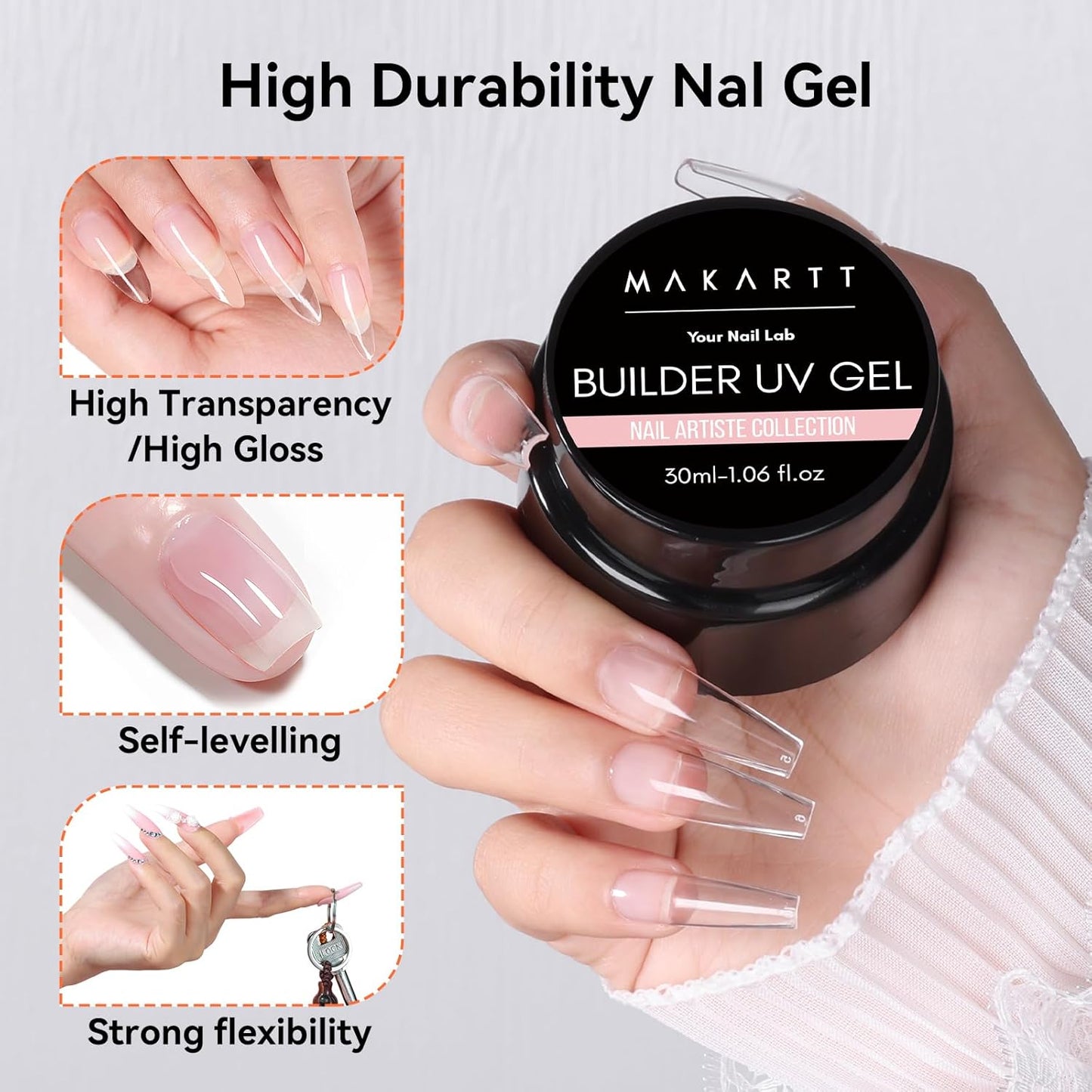 Makartt Clear Gel Builder: Nail Extension, Strong, Self-Levelling, Long Lasting for Strengthener Sculpture Broken Nails Repair Protection, UV LED Lamp Cure Required, Home Salon DIY Manicure 1.06 oz-BrightBean Baby