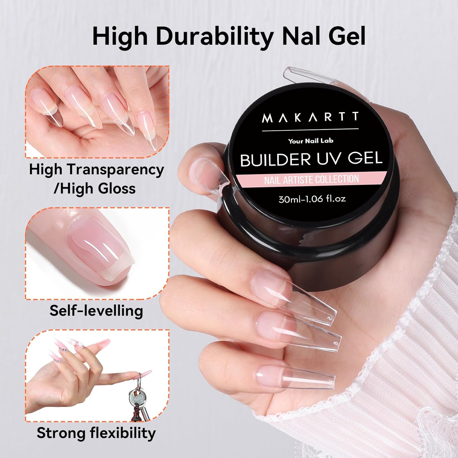 Makartt Clear Gel Builder: Nail Extension, Strong, Self-Levelling, Long Lasting for Strengthener Sculpture Broken Nails Repair Protection, UV LED Lamp Cure Required, Home Salon DIY Manicure 1.06 oz-BrightBean Baby