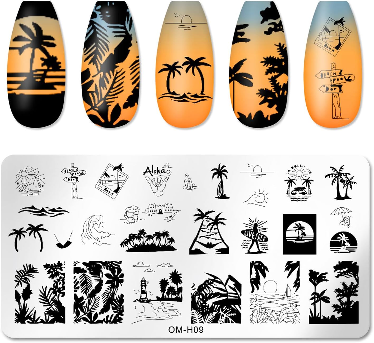 6pcs Nail Art Stamping Plates Set Manicuring Accessories Coconut Tree Leaves Flowers Birds Cactus Island Geometry Image Template for DIY Tips Decoration-BrightBean Baby