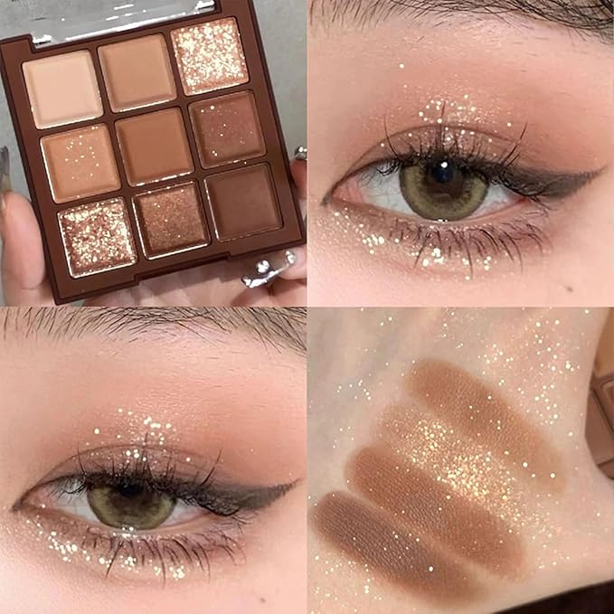 Erinde 9 Colors Eyeshadow Palette, Matte Shimmer Glitter Eye Shadow Palette Makeup, Highly Pigmented Long Lasting Waterproof, Natural Neutral Nude Eyeshadow Makeup Pallet, Chocolate Brown-BrightBean Baby