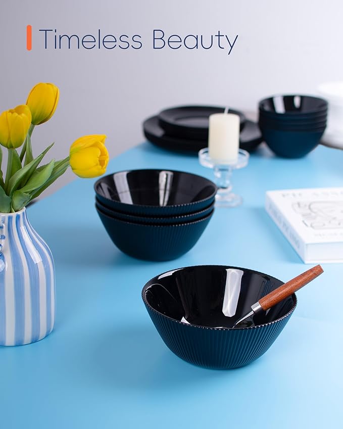 30 OZ Max Cereal Soup Bowl Set of 6, Opal Glass 7.2 inch Black Ribbed Bowls for Ramen, Noodle, Salad, Fruit, Dishwasher and Microwave Safe