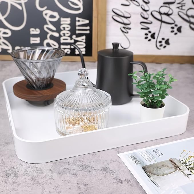Square White Decorative Serving Tray with Handles, Versatile Ottoman Tray for Coffee Table, Entertaining, Outdoor Patio, Living Room, 13”*13”*1.6”