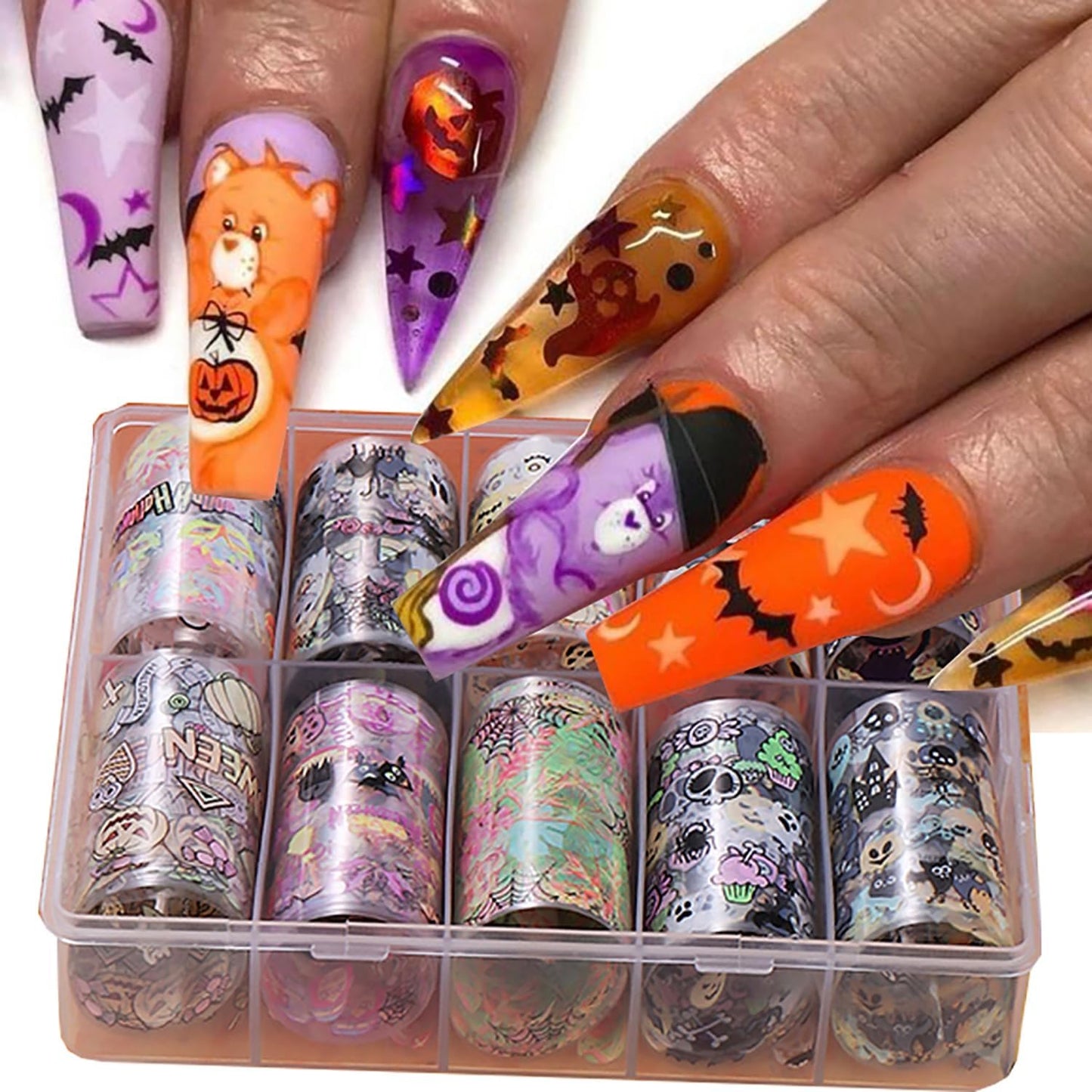 Halloween Nail Foils Transfers - Ghost Pumpkin Skull Bat Spider Web Black Cat Design, Gold & Holographic Foil Stickers for Nail Art, Manicure Decals for DIY Acrylic Nails, 10 Sheets-BrightBean Baby