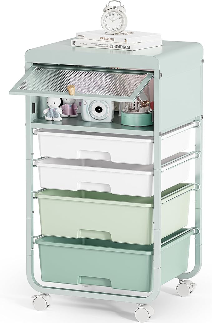 Utility-Rolling-Storage-Drawer-Craft-Cart-Organizers with 4 Drawers & Dust-proof Door for Kid Craft Art Room,Bedroom,Home Office, 4 Tiers Drawer cart, Green-BrightBean Baby