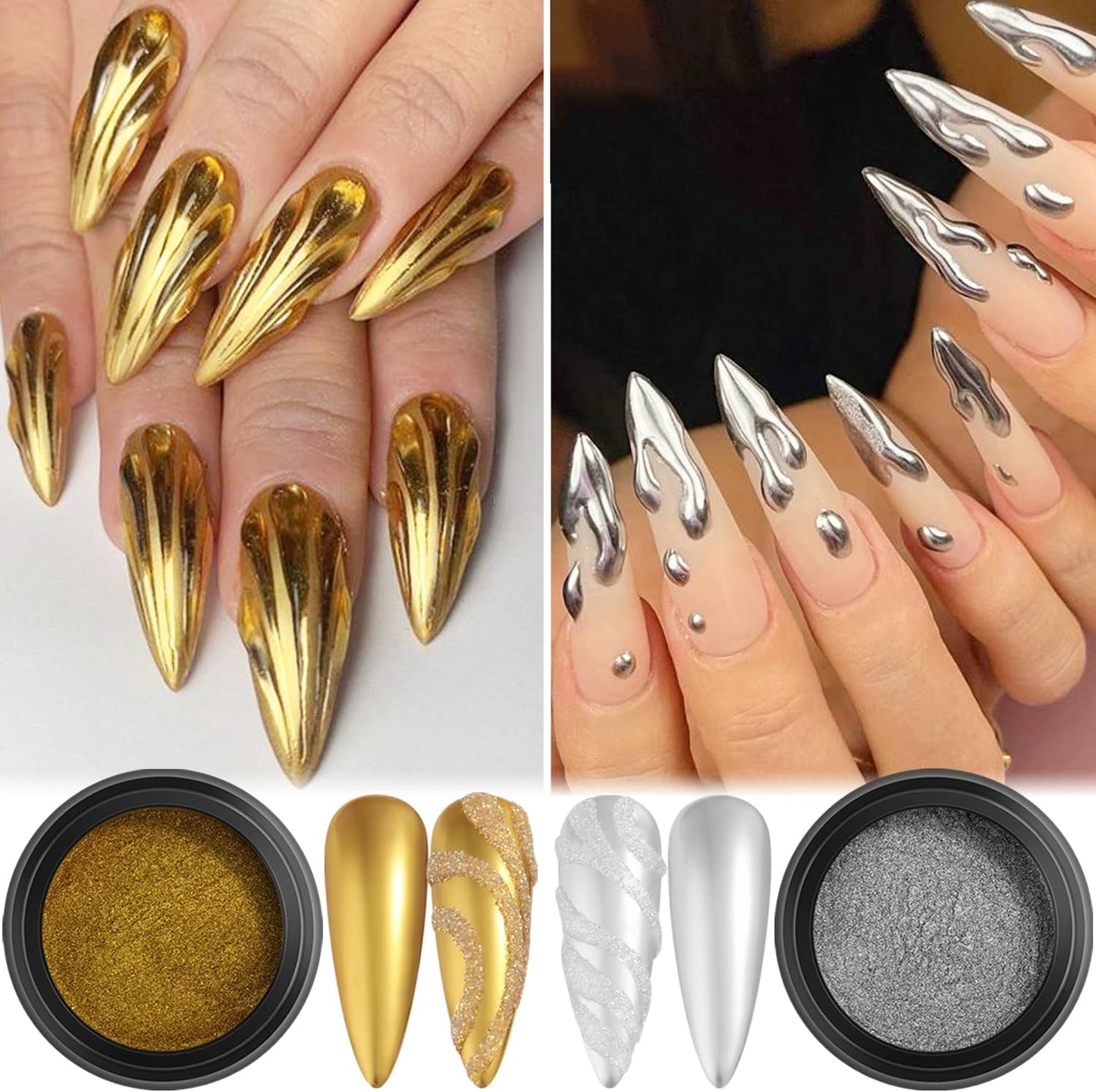 Chrome Nail Powder Set 12 Colors Gold Silver Bronze Chrome Powder for Nails Metallic Nail Glitter Red Green Blue Mirror Rub Pigment with 2PCS Extra Fine White Sugar Powder Nail Design-BrightBean Baby