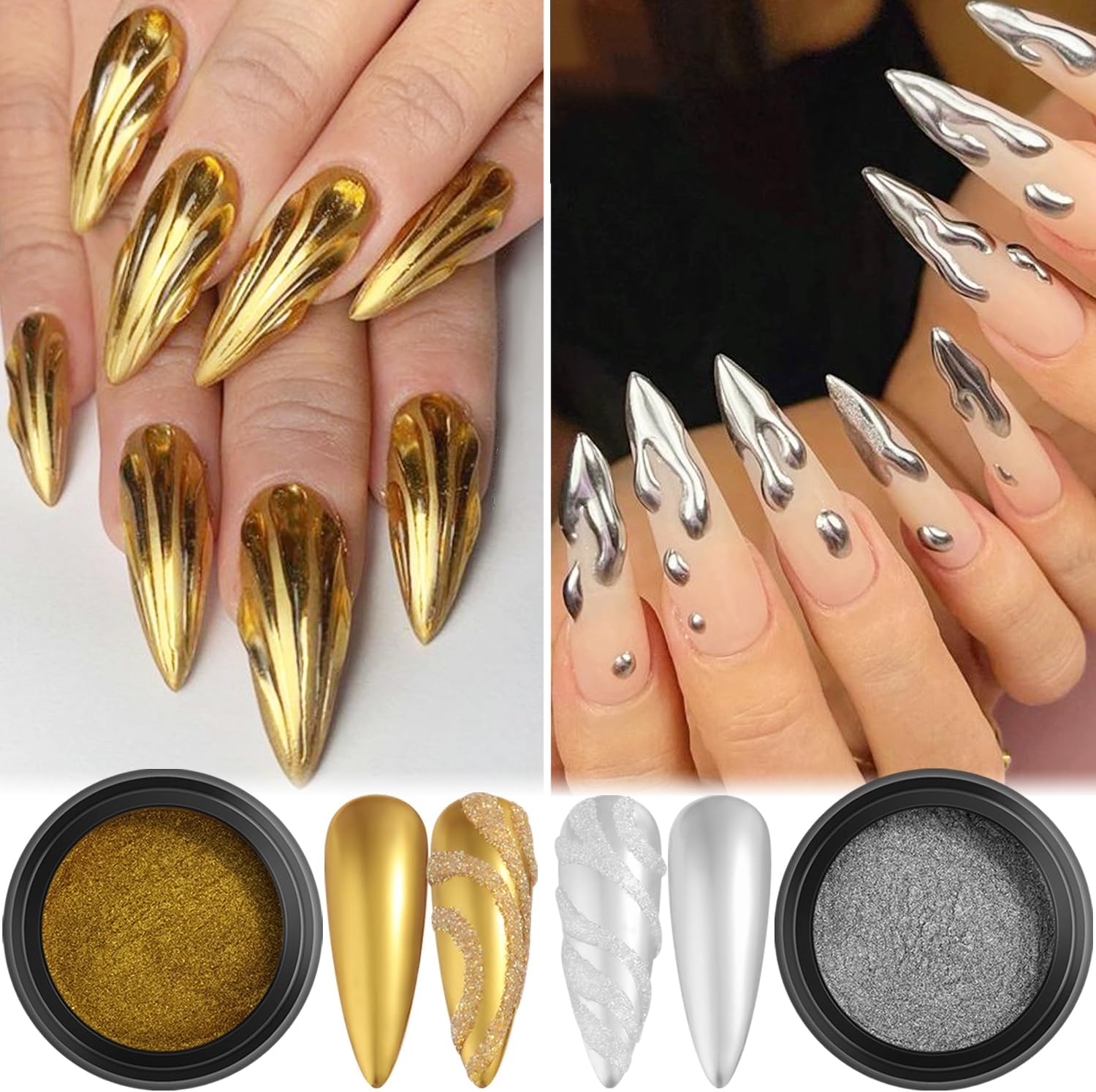 Chrome Nail Powder Set 12 Colors Gold Silver Bronze Chrome Powder for Nails Metallic Nail Glitter Red Green Blue Mirror Rub Pigment with 2PCS Extra Fine White Sugar Powder Nail Design-BrightBean Baby