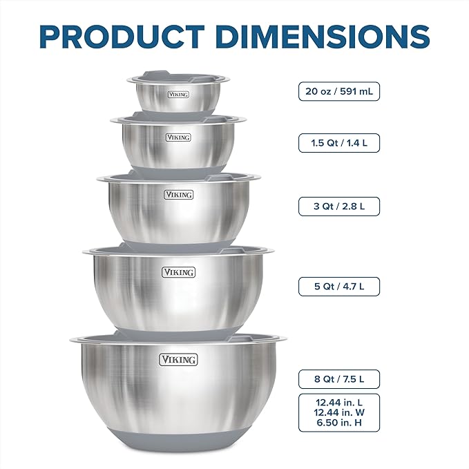 Viking Mixing Bowls Set, 10 Piece Stainless Steel Kitchen Cookware, Non-Slip Silicone Base, Includes Tight Fit Lids, Dishwasher Safe, Grey