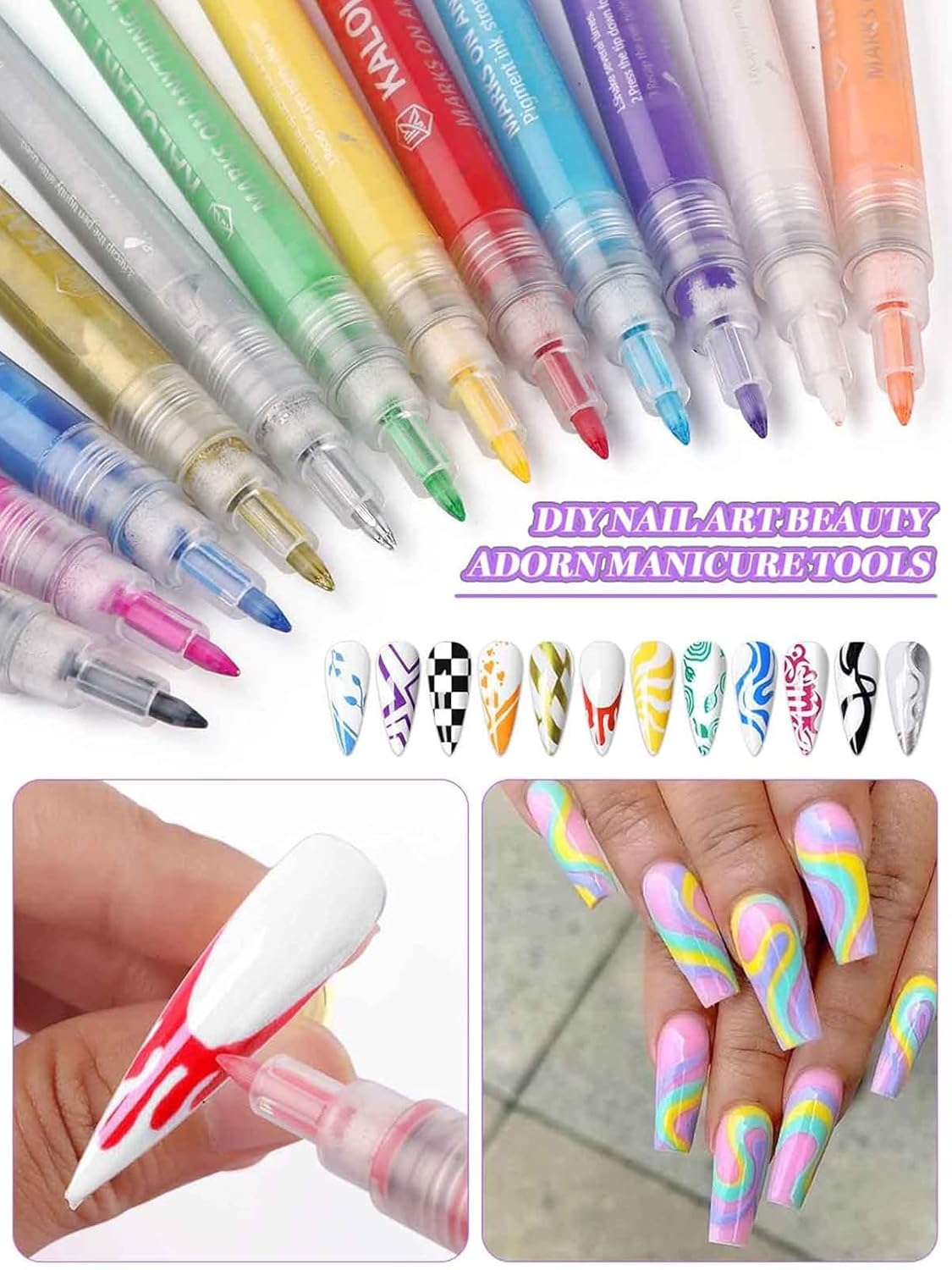 12 Color 3D Nail Art Pens Set, Kalolary Nail Point Graffiti Dotting Pen Drawing Painting Liner Brush for DIY Nail Art Beauty Adorn Manicure Tools-BrightBean Baby