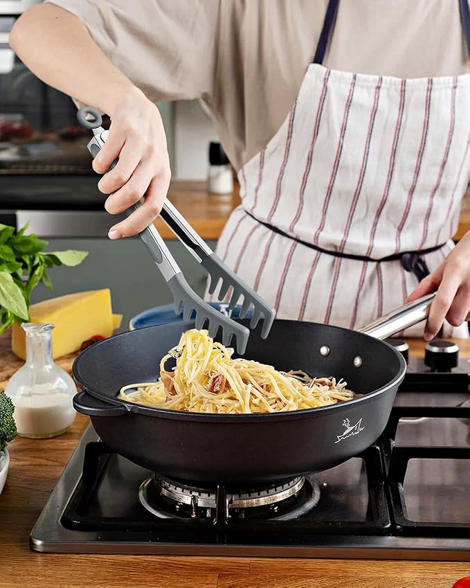 Silicone Spaghetti Spoon & Pasta Tong, Non-Stick Stainless Steel Handle Pasta Fork Set with Teeth, Food Clip for Easy Serving of Noodles(Grey)