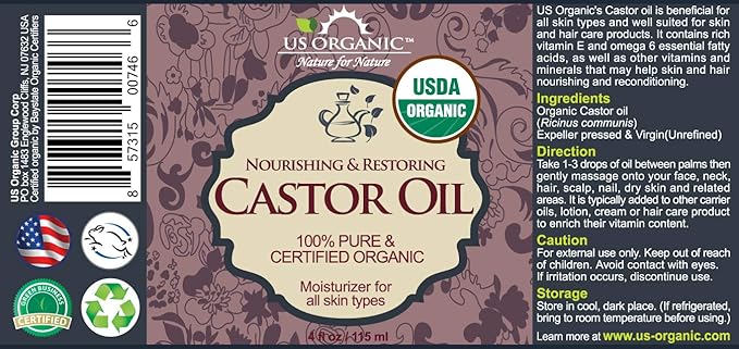 US Organic Castor Oil, USDA Certified Organic,Expeller Pressed, Hexane Free, 100% Pure & Natural moisturizing and emollient properties, For Skin, Hair Care, Eyelashes, DIY projects (4 oz (115 ml))-BrightBean Baby
