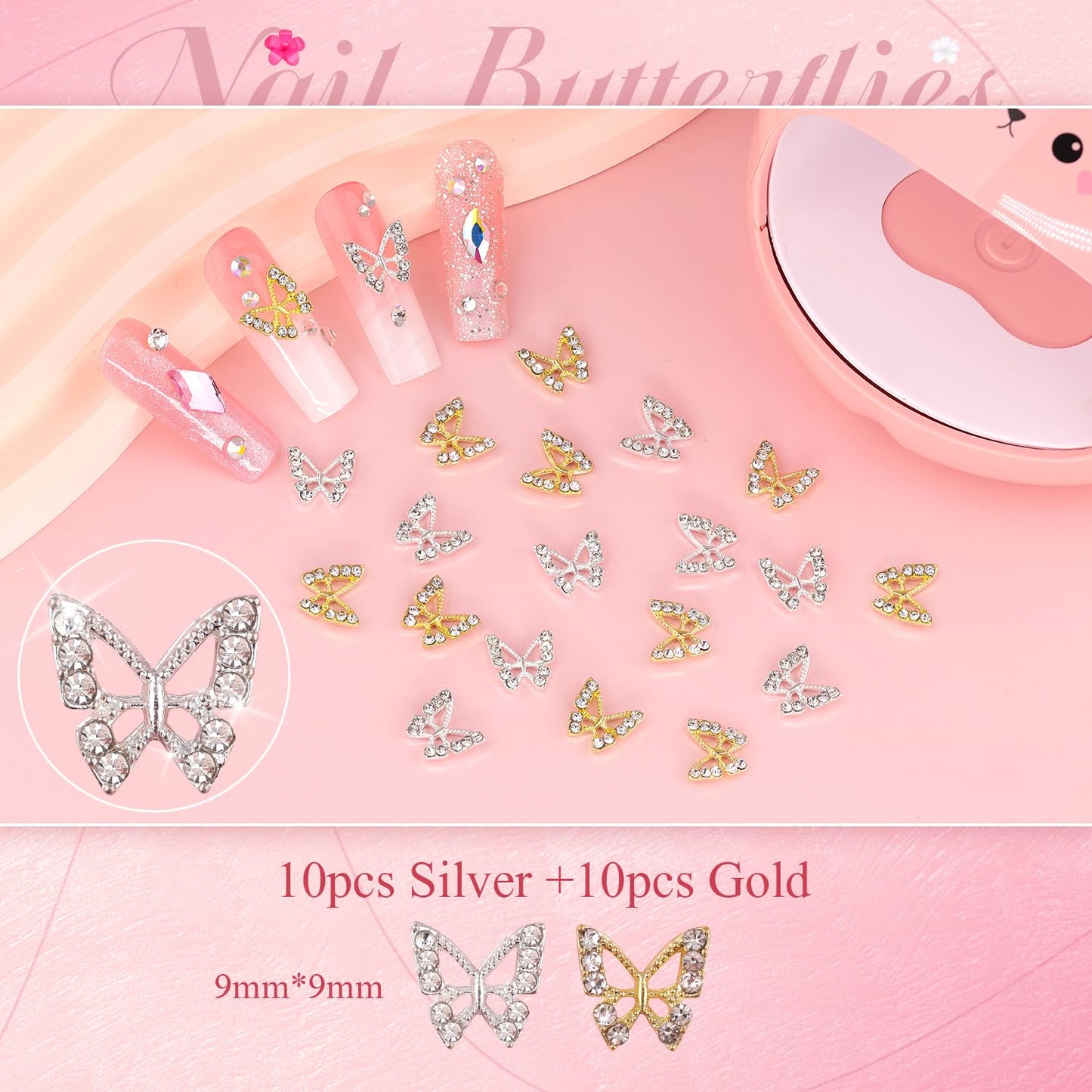 3D Nail Charms and Gems Set 4 with Rhinestone Glue, 20PCS Gold and Silver Chunky Butterfly Nail Charms, 3D Flowers for Nails, Crystal and Pearls + Metal Caviar Beads + Picker Tool for Y2K Nail Decor-BrightBean Baby