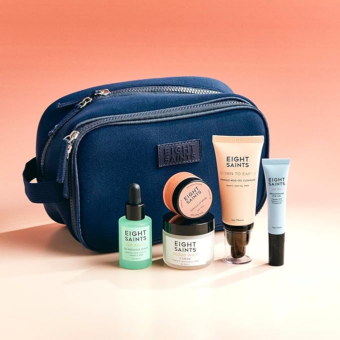 Eight Saints Date Night Skincare Prep Gift Set, All Natural & Organic, Gift Set Includes Eye Gel, Hyaluronic Acid Serm, Mud Face Cleanser, Vitamin C Cream, Lip Mask, and Neoprene Travel Bag, 6 Pc Set-BrightBean Baby