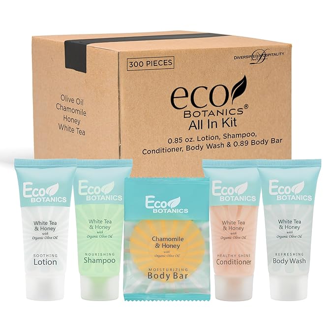 Eco Botanics Hotel Soaps & Toiletries Bulk Set | 0.85oz Hotel Shampoo & Conditioner, Body Wash, Body Lotion & Bar Soap Travel Size | 300 Pieces-BrightBean Baby