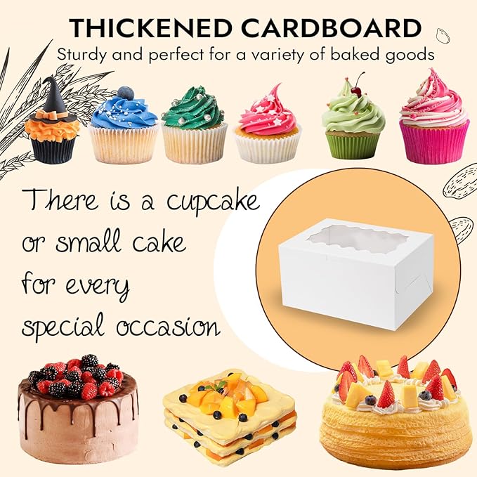 JCD 8 Packs Bento Cake and Cupcake Box 3 Holes Fit 2 Cupcakes and 1 Mini Cake Box with Clear Window and Stickers for Wedding Birthday Party Bakery Baking Supplies (1+2/8pcs)