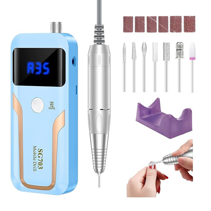 Portable Nail Drill Professional, 35000 RPM Rechargeable Electric Nail File Machine E File for Acrylic Nails Gel Polishing Removing, Cordless E-file with Bits Kit for Manicure Salon Home,Blue-BrightBean Baby