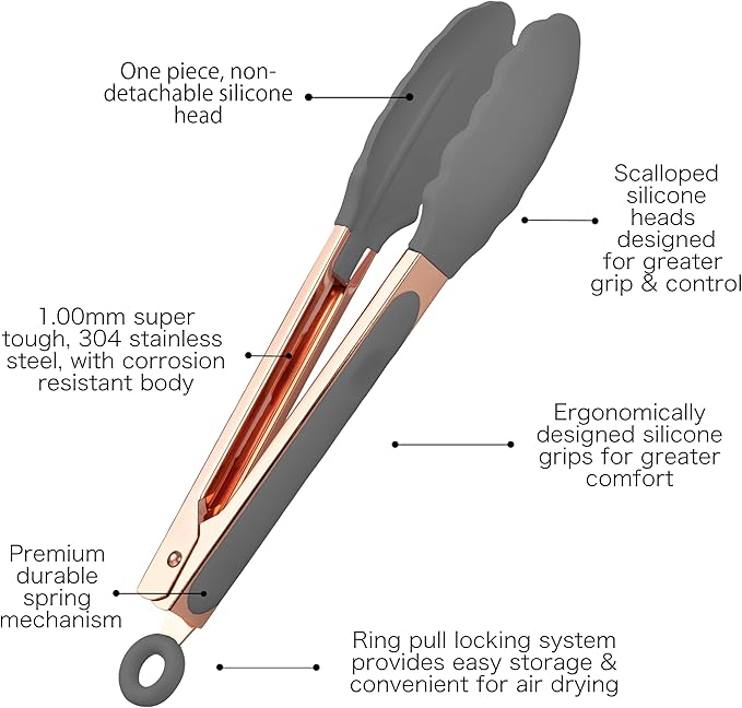 COOK WITH COLOR Stainless Steel Silicone Tipped Kitchen & BBQ Tongs Set, 2 Pc Tongs, Grey