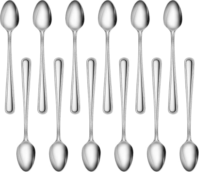 New Star Foodservice Stainless Steel Iced Tea Spoons - 7.2 Inch Bead Pattern Set of 12