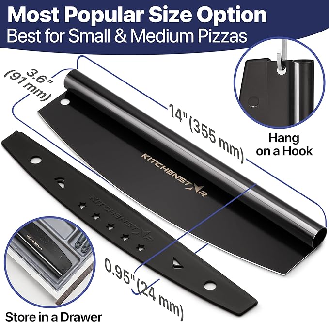 KitchenStar 14-Inch Pizza Cutter Rocker Blade - Sharp Stainless Steel Slicer Knife, Protective Cover, Black Nonstick, Large - Professional Pizza Oven Accessories