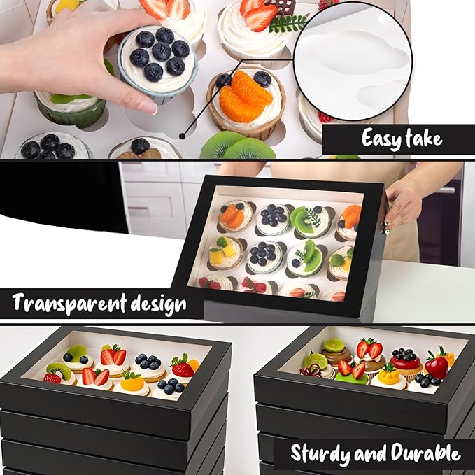 VGOODALL 12 Count Cupcake Boxes, 6PCS Halloween Cupcake Holder with Window Black Pastry Boxes for Birthday Holiday Halloween Party Bakery Supplies