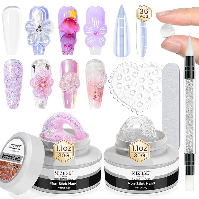 MIZHSE 2PCS Solid Builder Gel for Nails: 30g/1oz Clear & Pink Glitter Hard Gels for Nails 3D Gel with Dual Forms 3D Silicone Mold Soak off U V Builder Gels for Nail Art Manicure Home DIY-BrightBean Baby