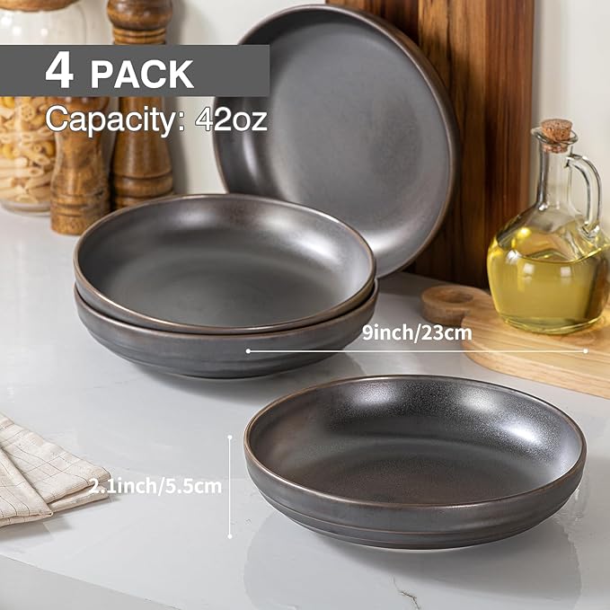 HAPPY KIT Stoneware Pasta Bowls 9'', Set of 4, 42 Oz, Reactive Glaze Large Salad Bowls, Ceramic Serving Bowls for Fruit,Soup,Noodle, Dinner, Scratch Resistant, Bronze Gray