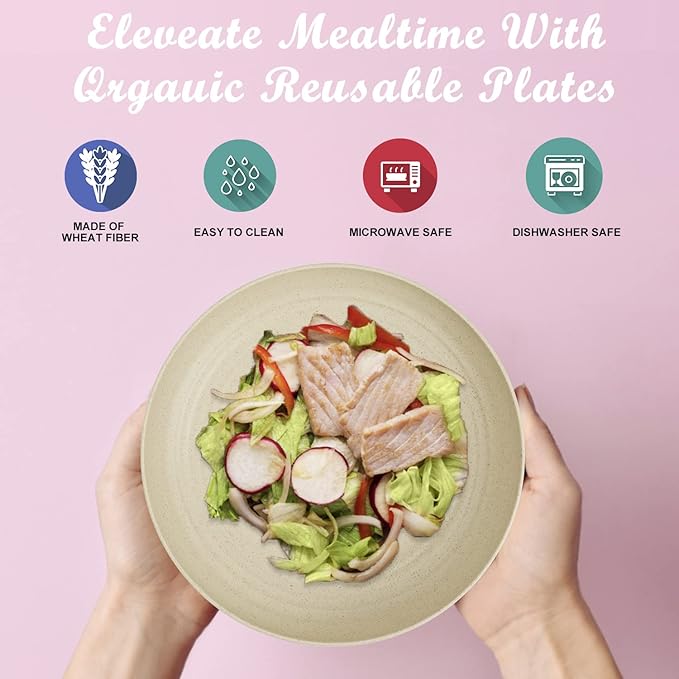 Wrova Wheat Straw Plates - 9 Inch Unbreakable Dinner Plates Set of 8 - Dishwasher & Microwave Safe Plastic Plates Reusable - Lightweight Plates for kitchen,R.V. (Beige)