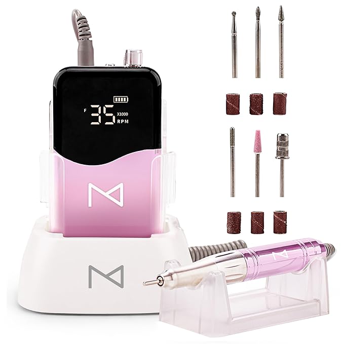 M Mase- Professional Nail Drill Machine - Coreless 2-in-1 Nail File - Electric, Cordless, 35000 RPM, HD Display - Electric Nail Drill for Professional & Home Use (Unicorn Pink)-BrightBean Baby
