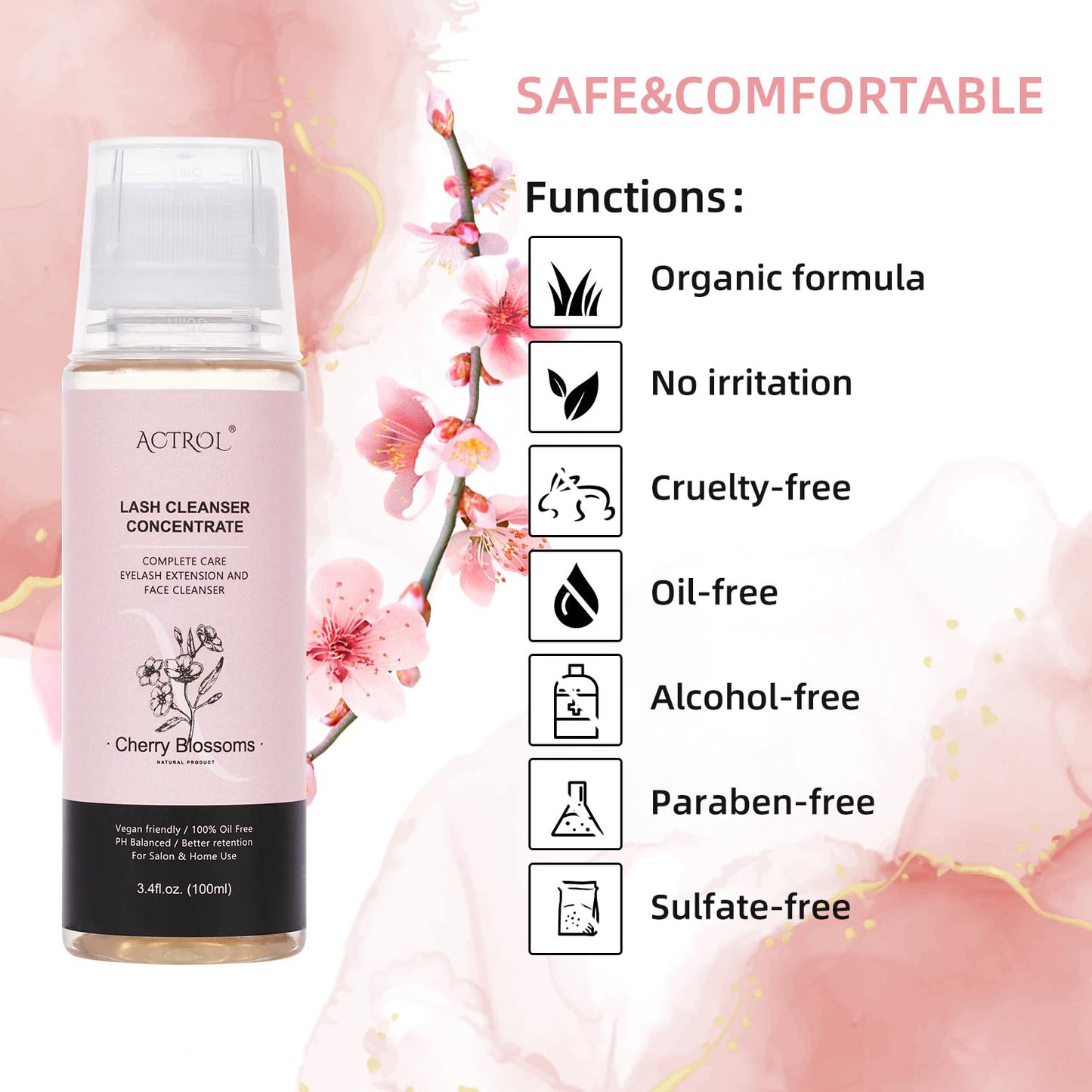 Eyelash Shampoo Concentrate 100ml Lash Extensions Cleanser Concentrate Cherry Blossom Natural Foaming Shampoo DIY Wash for Extensions Lashes with Salon Home Care-Makes 60ml Bottles-BrightBean Baby