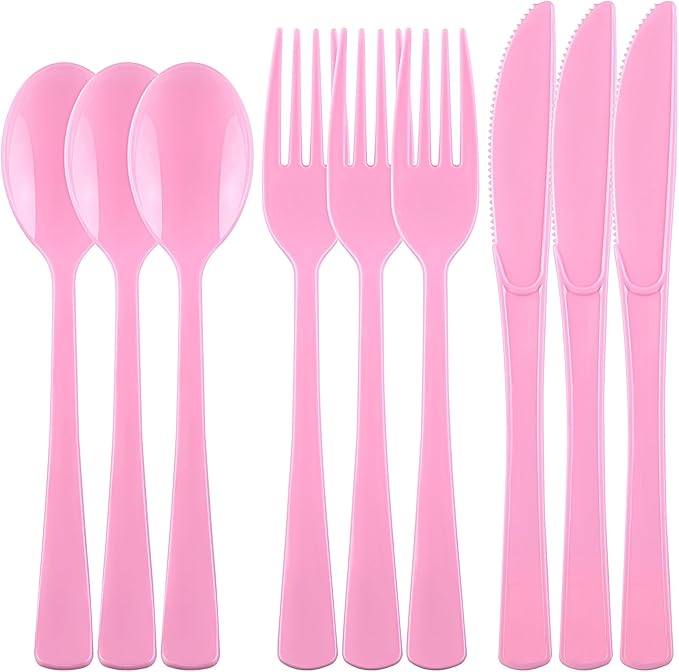 300 Pieces Light Pink Plastic Silverware Heavy Duty Plastic Cutlery Set Heavyweight Disposable Flatware Includes Spoons Forks Knifes for Birthday Party Prom Night Wedding Dinner
