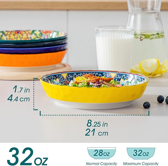vancasso 32 Oz Pasta Bowls Sets of 6, Ceramic Large Colorful Salad Serving Bowls for Kitchen, Dishwasher & Microwave Safe, Soup Pasta Plates