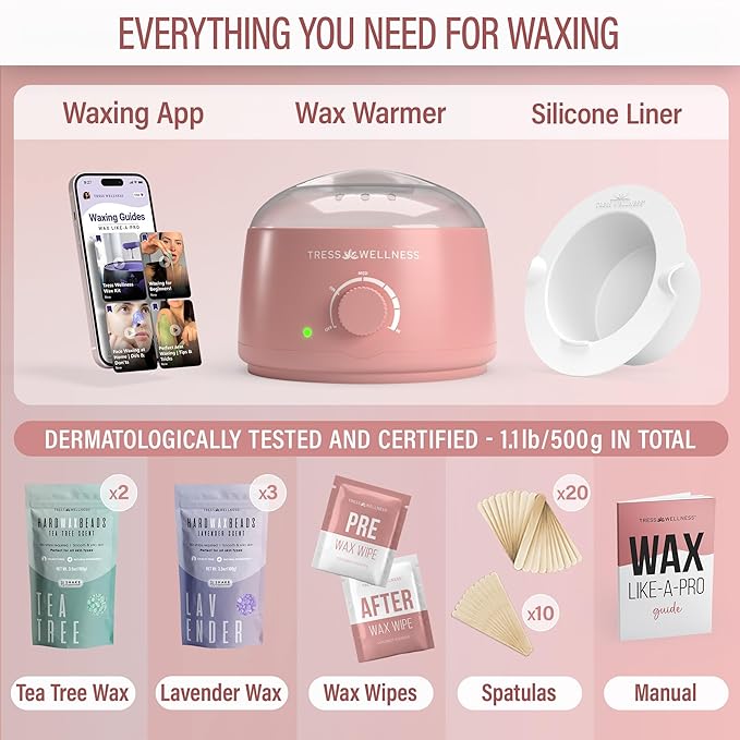 Tress Wellness Waxing Kit for Sensitive Skin – Safe for Face & Skin, Prep & Aftercare Spray, Easy to Use – At-Home Kit for Face, Bikini, Brazilian & Full Body - Pink, No Display-BrightBean Baby