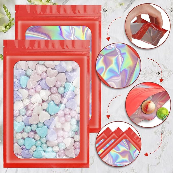 100 Pieces Smell Proof Mylar Resealable Bags, Holographic Packaging Bags, Resealable Odor Foil Pouch Zip Bag with Clear Window for Food Storage and Lipgloss, Jewelry Lash (Red, 3.5 x 6.3 Inch)-BrightBean Baby