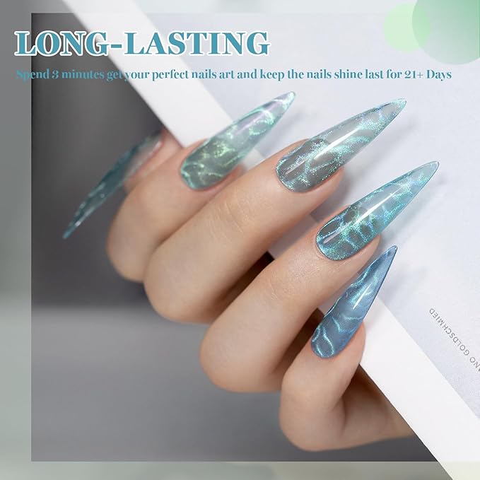 RARJSM Blue Cat Eye Gel Nail Polish Set 6pcs Reflective Diamond Glitter Clear Light Gray Sea Blue Green Tone Glass Cateye Gelpolish with Magnet Stick 7.5ml Curing Requires Soak Off for Home Salon-BrightBean Baby