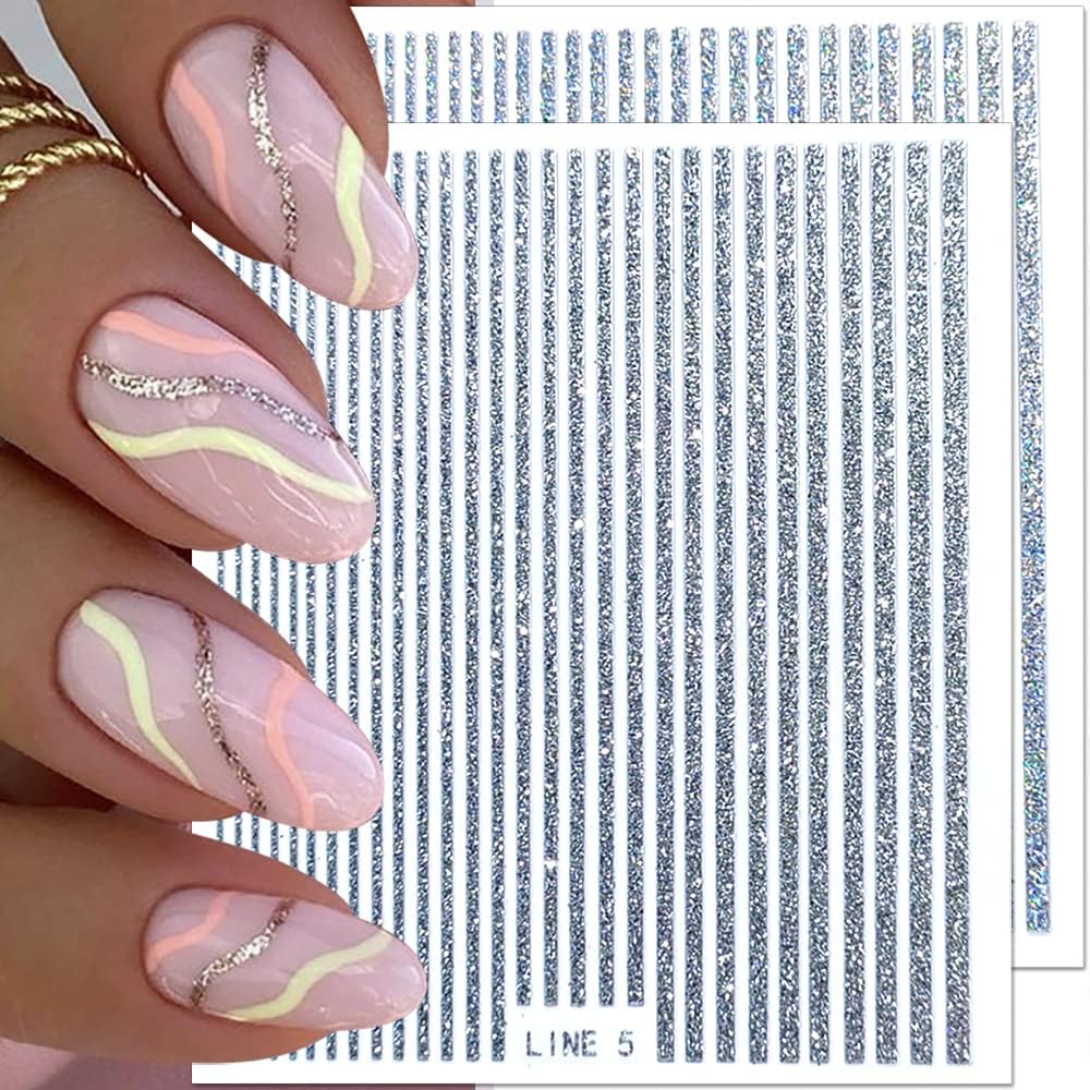 3D Glitter Lines Nail Stickers Holographic Nail Art Stickers Metal Stripe Nail Decals Self Adhesive Geometric Strip Line Nails Stickers Women DIY Nail Supplies,6 Colors/Set-BrightBean Baby