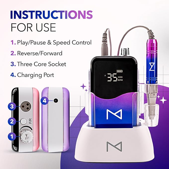 M Mase- Professional Nail Drill Machine - Coreless 2-in-1 Nail File - Electric, Cordless, 35000 RPM, HD Display - Electric Nail Drill for Professional & Home Use (Unicorn Pink Blue)-BrightBean Baby