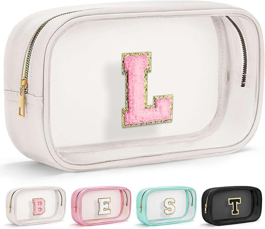 YOOLIFE Initial Makeup Bag Travel Toiletry Bag Clear Makeup Bag Preppy Cosmetic Bag Gifts for Girls Kids Graduation Gifts Birthday Gifts for Girls Kids Birthday Gifts Swim Gifts White L-BrightBean Baby