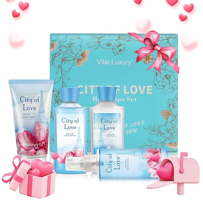 Bath & Body Kit, 3 Fl Oz, Ideal Skincare Gift Home Spa Set, Includes Body Lotion, Shower Gel, Body Cream, and Fragrance Mist, Birthday Mother's Valentine's Day Gifts(City of Love)-BrightBean Baby