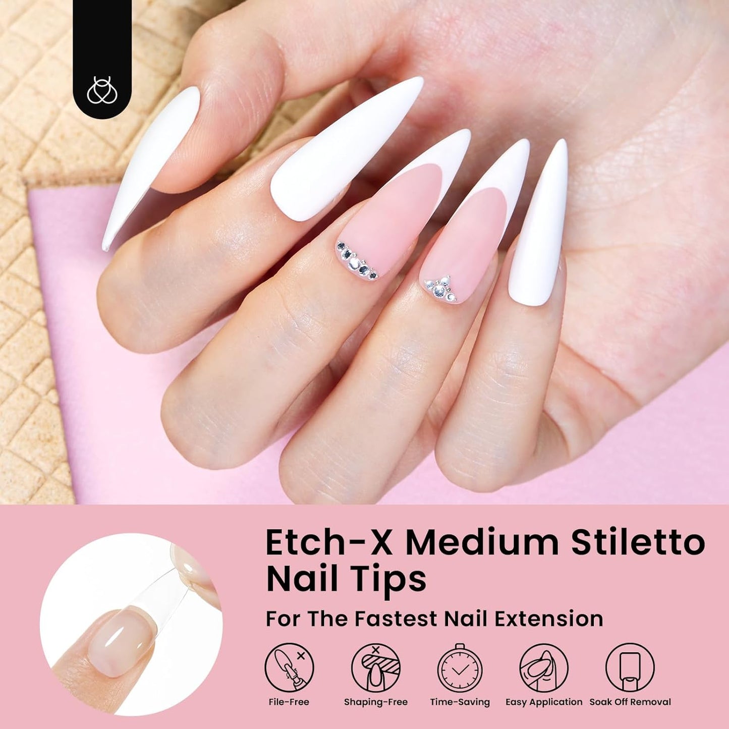 Beetles Gel Nail Tips Etch-X, Stiletto Medium, 288Pcs 12 Sizes, Pre-Etched Half Matte Full Cover Soft Acrylic False Nail Tips Pre-Shaped Easy DIY Fall Halloween Nail Extension Salon Gift for Women-BrightBean Baby