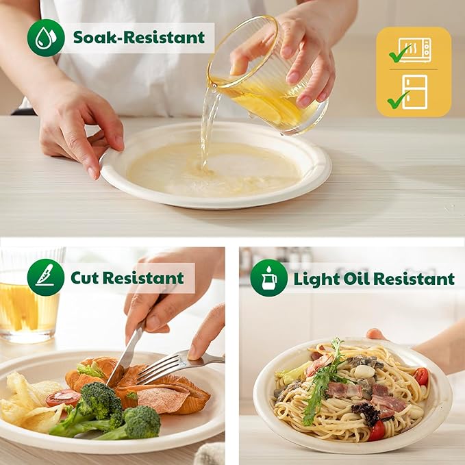 125 Count Compostable Paper Plates, 7 Inch, Heavy Duty Disposable Plates by Biodegradable Bagasse, Dessert Plates Bulk for Party | Microwave-Safe | Soak-Resistant, Cut Resistant