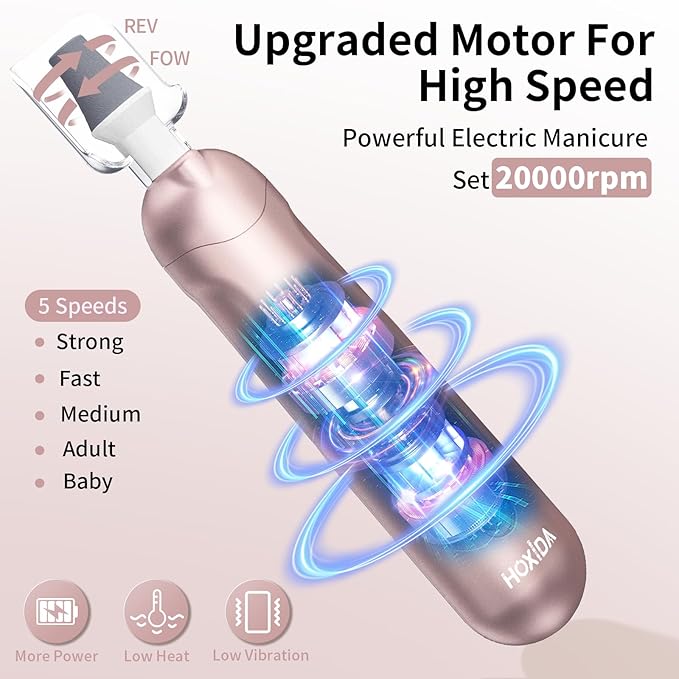 Cordless Electric Nail File Set, Rechargeable Pedicure Tools for feet, Professional Manicure Pedicure Kit 5 Speeds Hand Foot Care Nail Drill for Thick Nail Toenail Cuticle Women Men Pets-BrightBean Baby