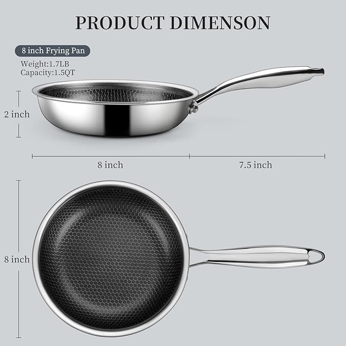 Innerwell Stainless Steel Frying Pan 8 Inch - Nonstick Honeycomb Coating Skillet