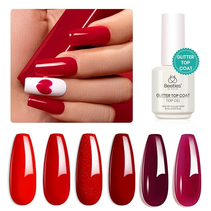 Beetles Red Gel Nail Polish Set with Top Coat, 6 Colors Popular Shimmer Red Burgundy Gel Polish Kit Nail Art Design Soak Off Uv LED Minicure DIY Home Gifts for Women-BrightBean Baby