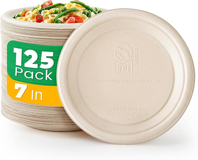 125 Count Compostable Paper Plates, 7 Inch, Heavy Duty Disposable Plates by Biodegradable Bagasse, Dessert Plates Bulk for Party | Microwave-Safe | Soak-Resistant, Cut Resistant
