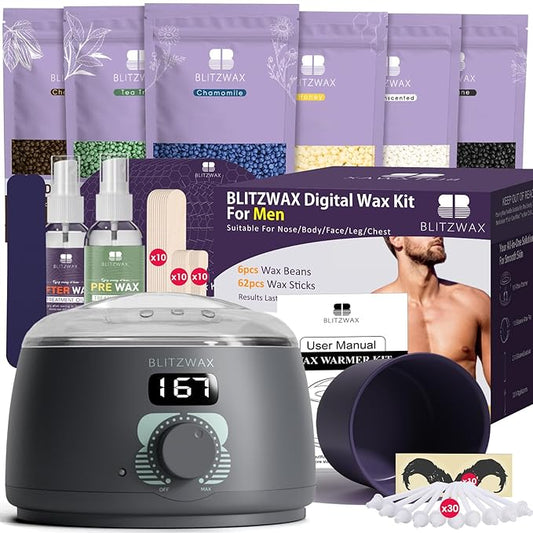 BLITZWAX Back and Nose Waxing Kit for Men, Hard Wax Warmer for Brazilian, Body and Face, At Home Hair Removal Kit, Beginner Friendly, Quick Heating, 93 Accessories, Charcoal Grey-BrightBean Baby