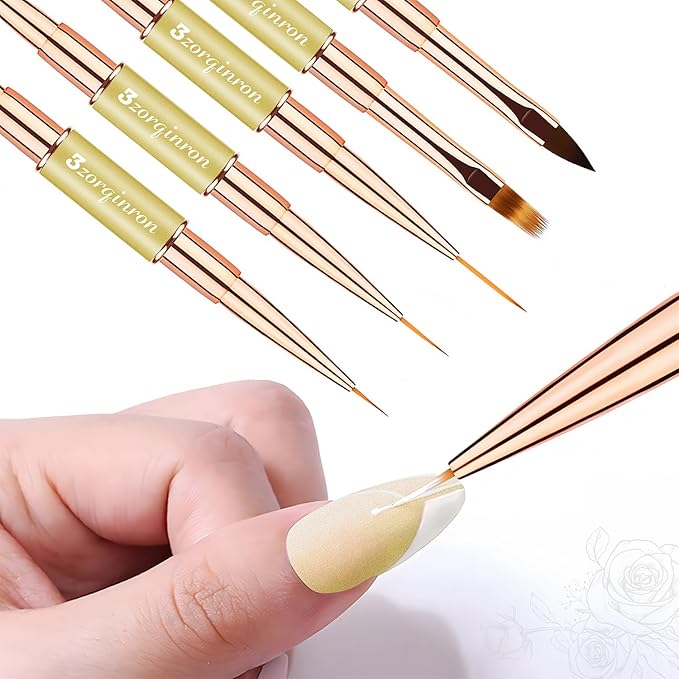 Nail Art Brushes for Nail Art, Professional 5Pcs Double-Ended Acrylic Nail Brush Set for Details, Long Lines, Ombre & 3D Design-Perfect for DIY Manicures & Salons (Gold)-BrightBean Baby